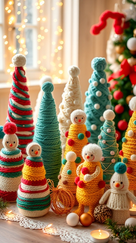 Colorful yarn Christmas trees in different styles displayed on a festive table with holiday decorations.